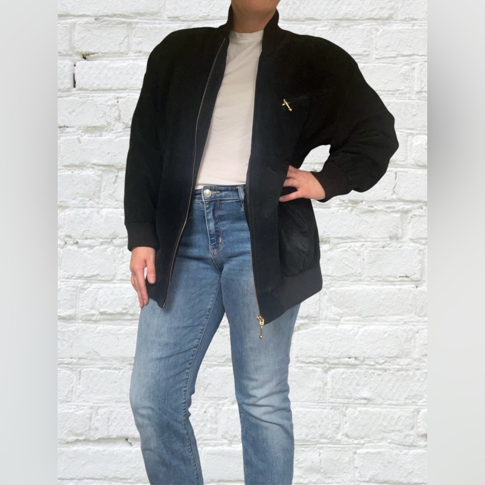 Vintage Women’s black suede bomber genuine leather coat jacket size M